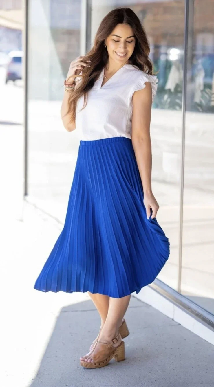 Royal Blue Accordion Pleat Midi Skirt – High Waisted Flowy Cobalt Blue Size 4